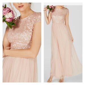 ADRIANNA PAPELL Blush Pink Sequin Short Sleeve Tulle Maxi Dress Size US 14